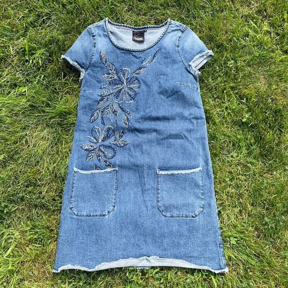 denim dress with embroidered flower details - Picture 1 of 4